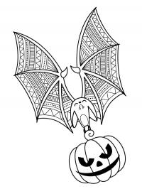 Halloween bat flies with pumpkin