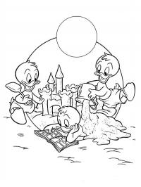 Huey Dewey and Louie make sandcastle