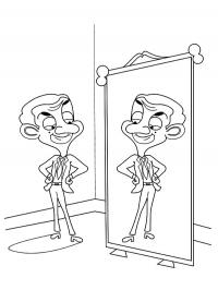 Mr. Bean looks in the mirror