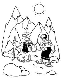 Popeye and Olive walk through the mountains