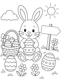 Cute Easter bunny with eggs and flowers