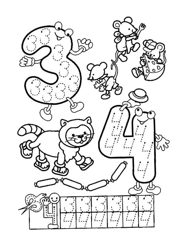 Learn to write three and four Coloring page Learn to write three and four Coloring page
