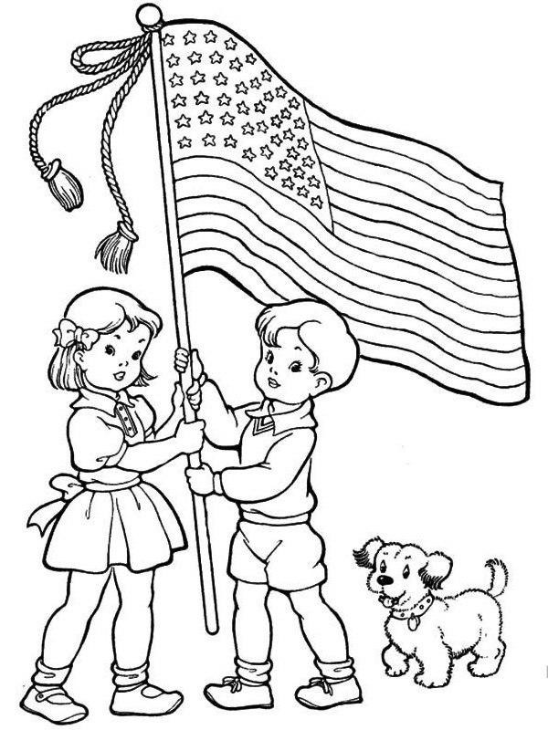 American flag held by kids Coloring page