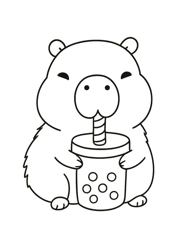 Capybara drinking bubble tea Coloring page