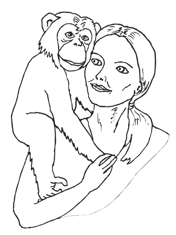 Chimpanzee on the woman's shoulder Coloring page