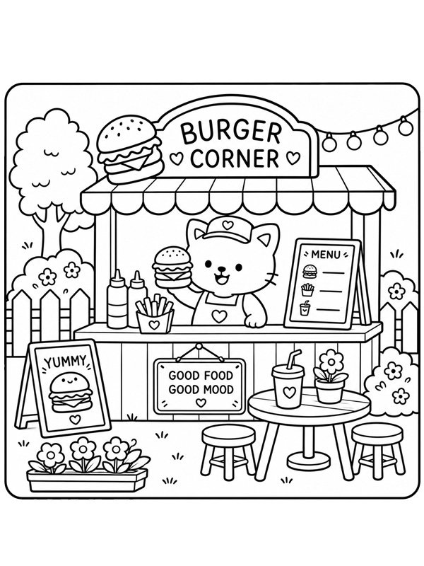 Coze burger restaurant Coloring page