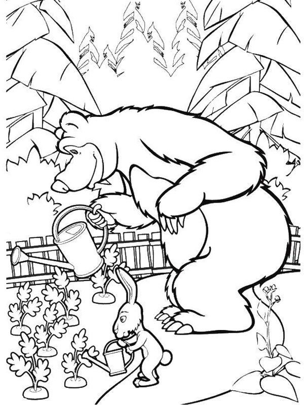 Bear and rabbit watering flowers Coloring page Bear and rabbit watering flowers Coloring page