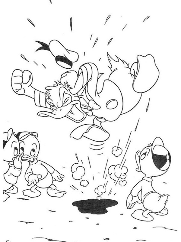 Donald Duck angry at Huey, Dewey, and Louie Coloring page