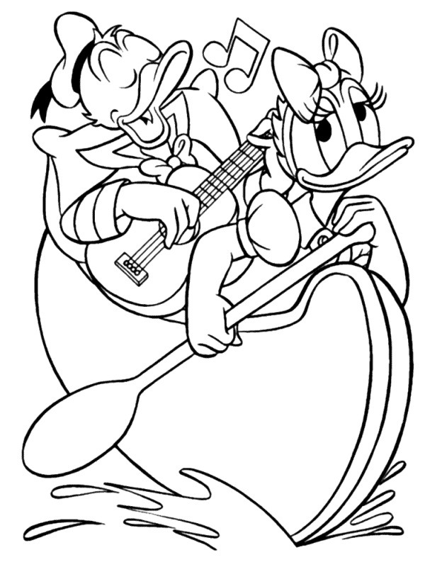 Donald and Daisy Duck in a canoe Coloring page