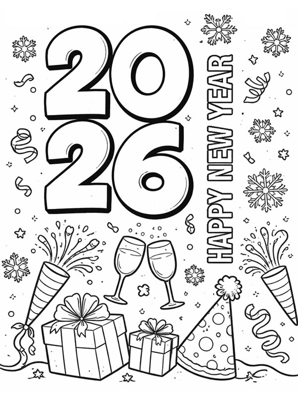 Happy New Year 2026 Coloring page