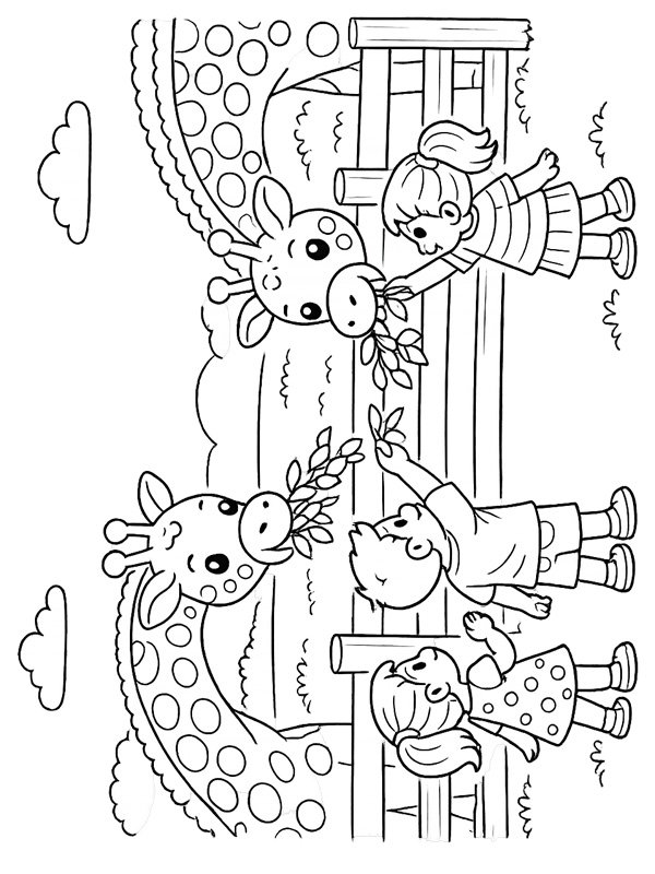 Feeding a giraffe at the zoo Coloring page Feeding a giraffe at the zoo Coloring page