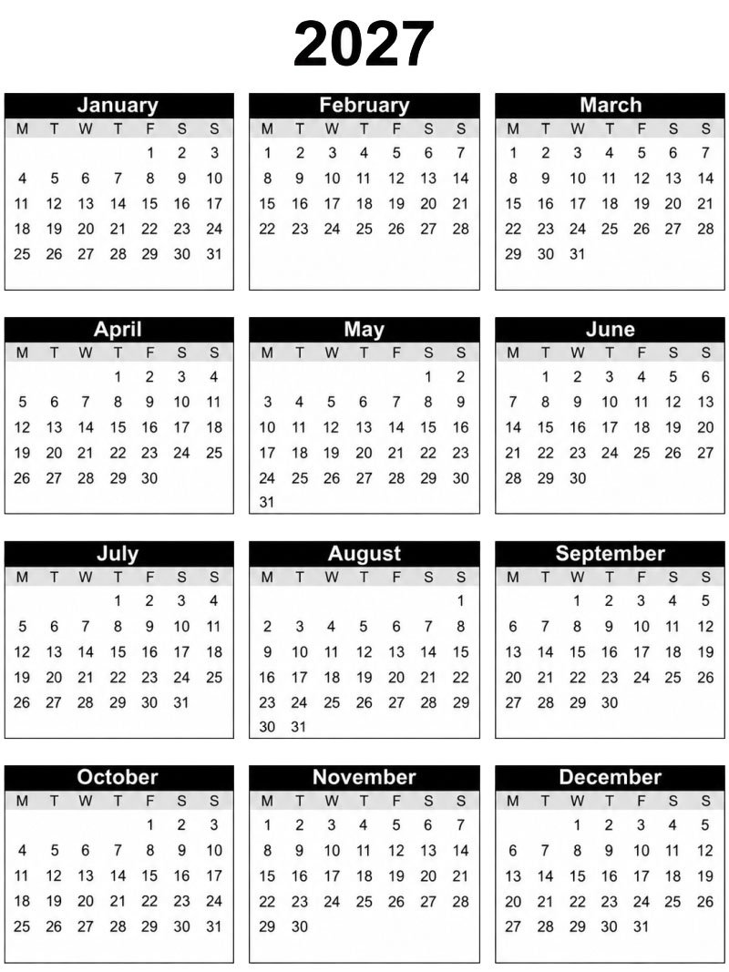 Printable Calendar 2027 Coloring page Printable Calendar 2027 Coloring page