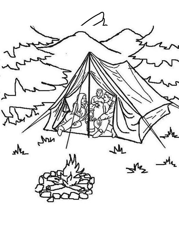 camping in a tent Coloring page
