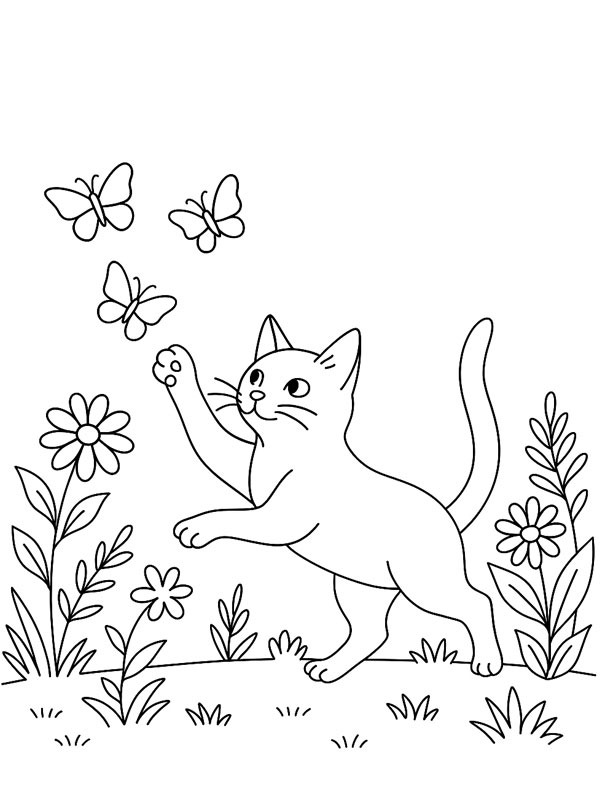 Cat Chasing Butterflies Coloring page Cat Chasing Butterflies Coloring page
