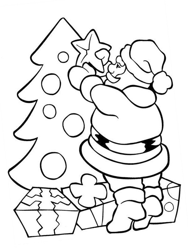 Santa decorates the christmas tree Coloring page