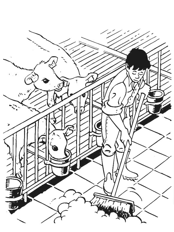 Farmer cleaning cowshed Coloring page Farmer cleaning cowshed Coloring page