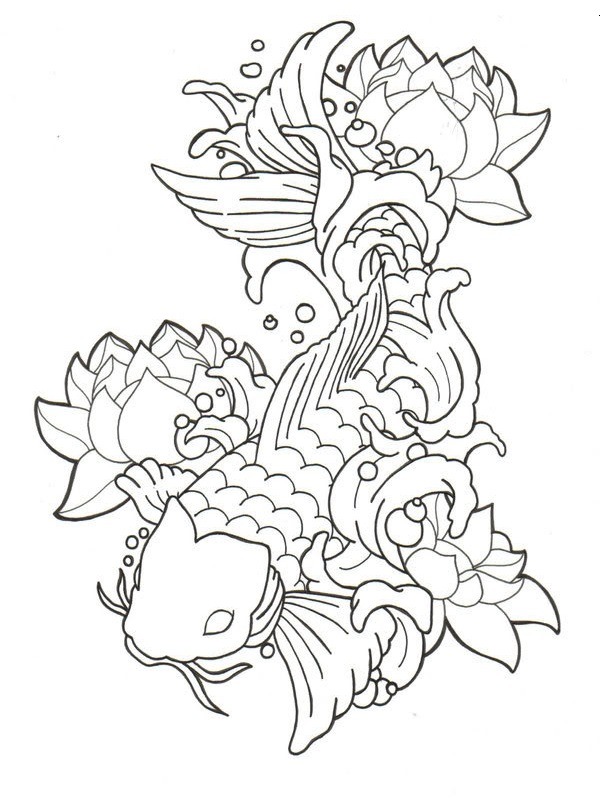 Lotus and Koi Fish Tattoo Coloring page