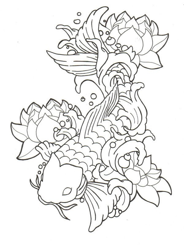 Lotus and Koi Fish Tattoo Coloring page Lotus and Koi Fish Tattoo Coloring page