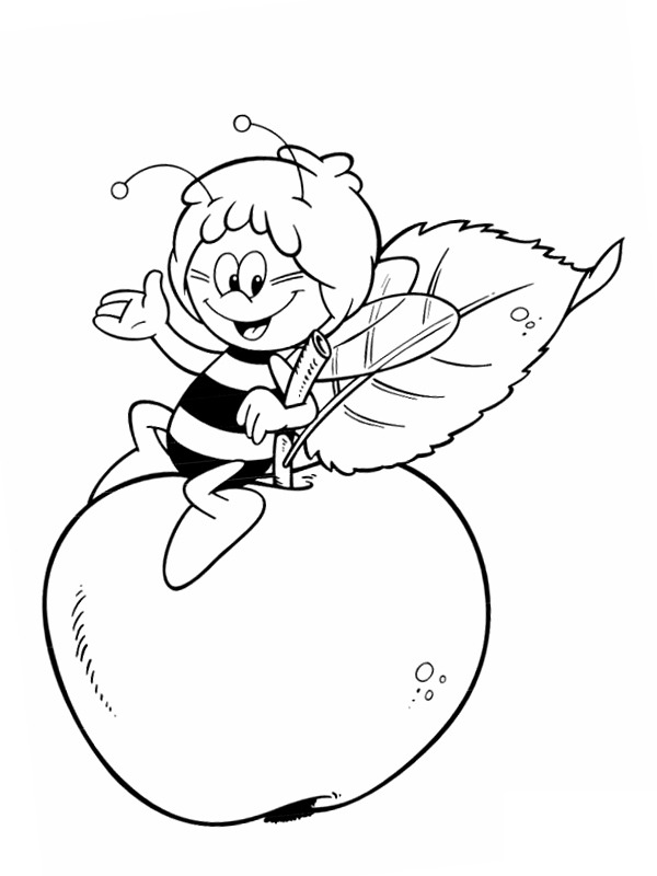 Maya the Honey Bee sits on an apple Coloring page Maya the Honey Bee sits on an apple Coloring page