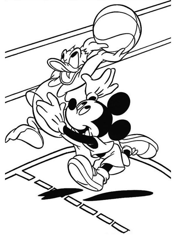 Mickey and Donald are playing basketball Coloring page