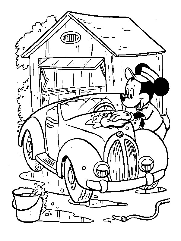 Mickey Mouse cleaning a car Coloring page