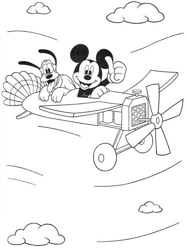 mickey mouse and pluto on an airplane Coloring page