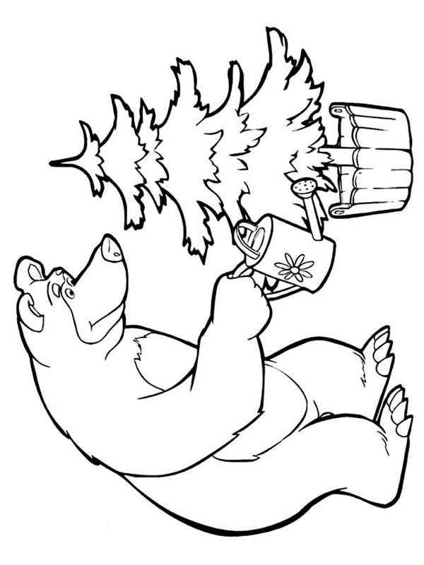 Mishka the bear waters Christmas tree Coloring page Mishka the bear waters Christmas tree Coloring page