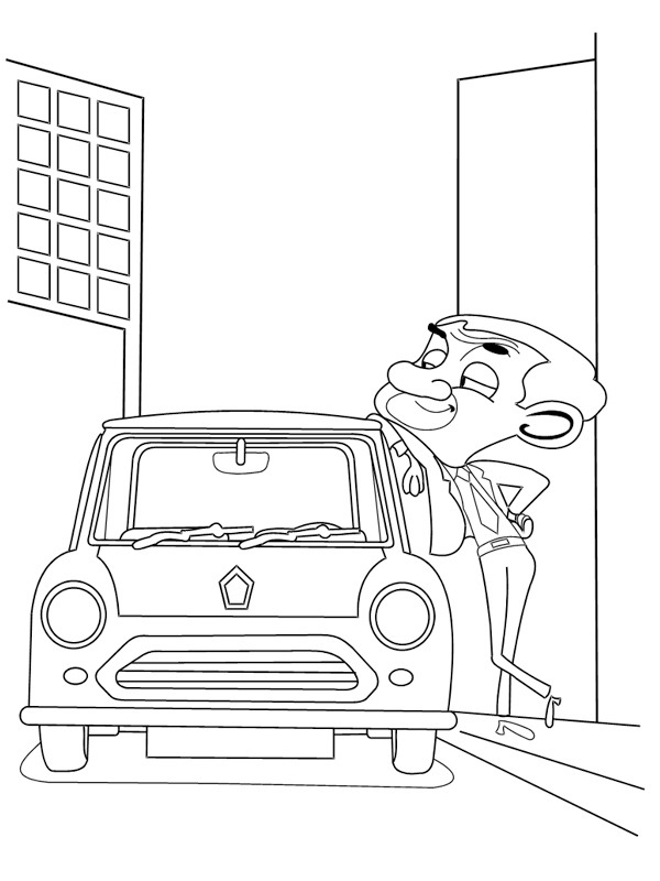 Mr. Bean at the mini car Coloring page