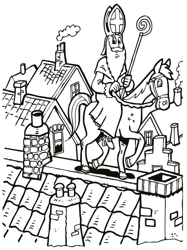 Horse with Saint Nicholas walks across the roof Coloring page