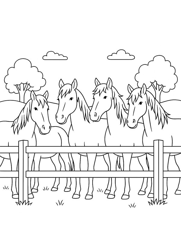 Herd of horses behind fence Coloring page Herd of horses behind fence Coloring page