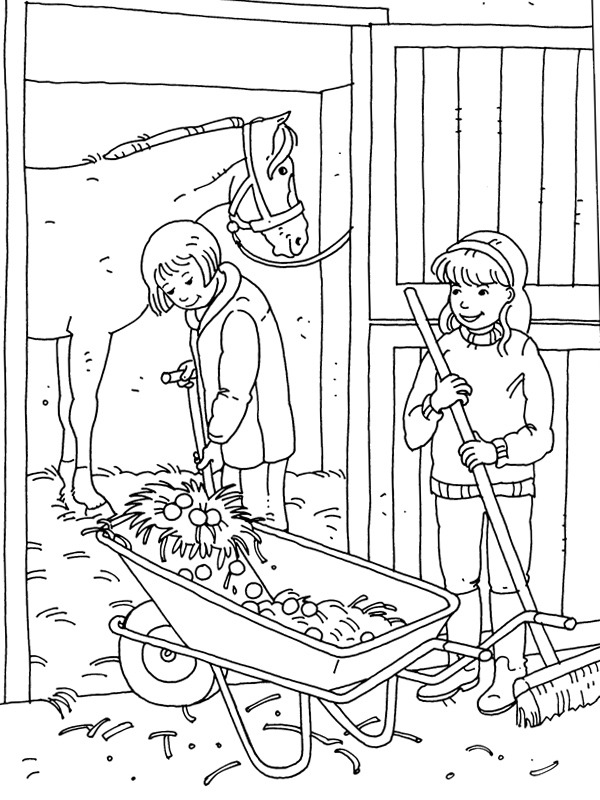 Mucking out the horse stable Coloring page