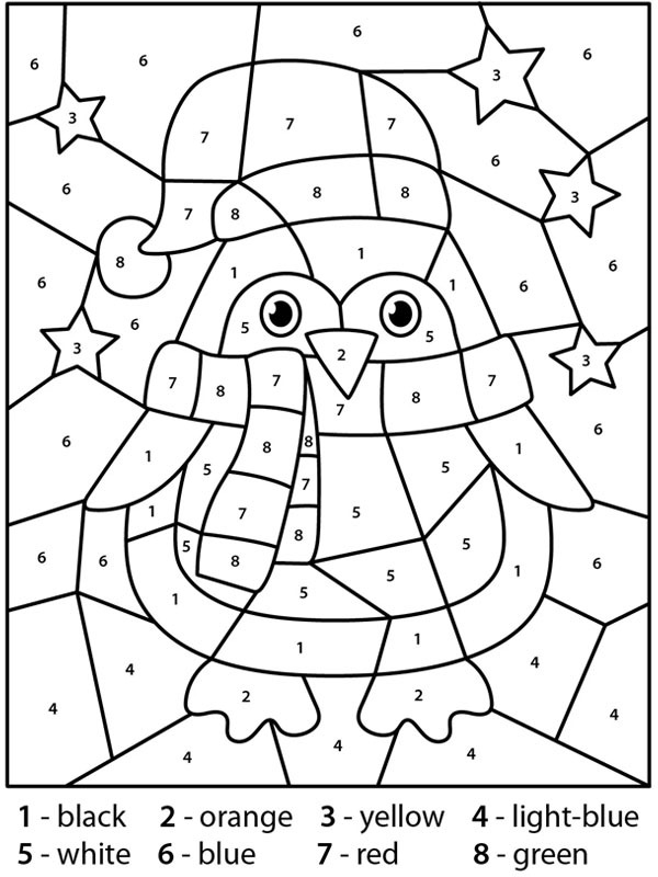Penguin with Santa hat color by number Coloring page Penguin with Santa hat color by number Coloring page