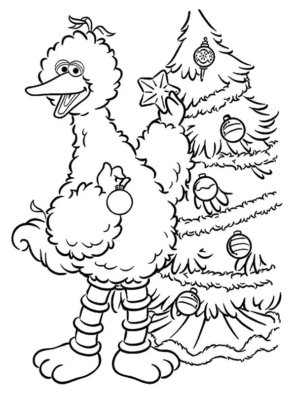 Big Bird decorates the Christmas tree Coloring page