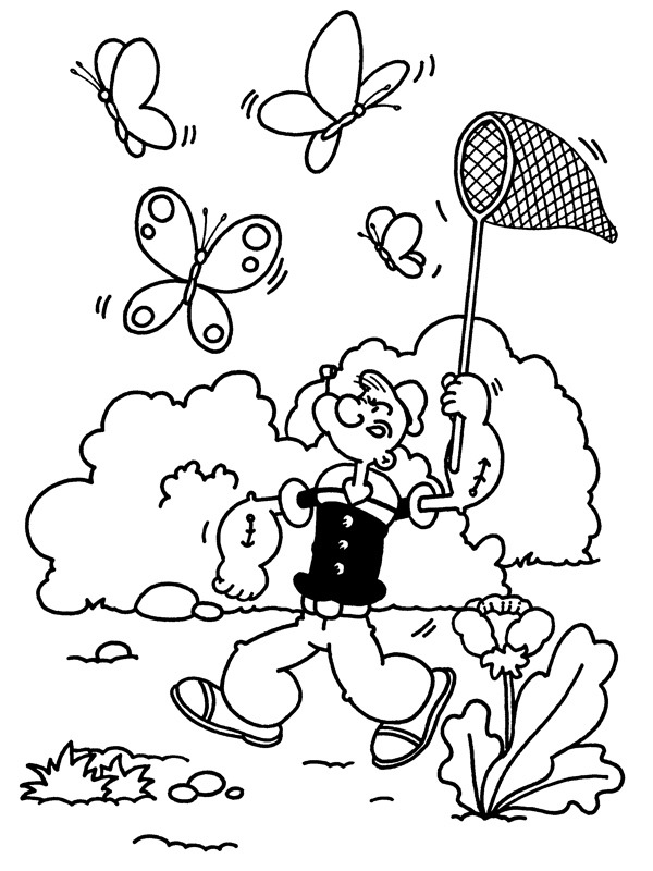 Popeye catches butterflies Coloring page