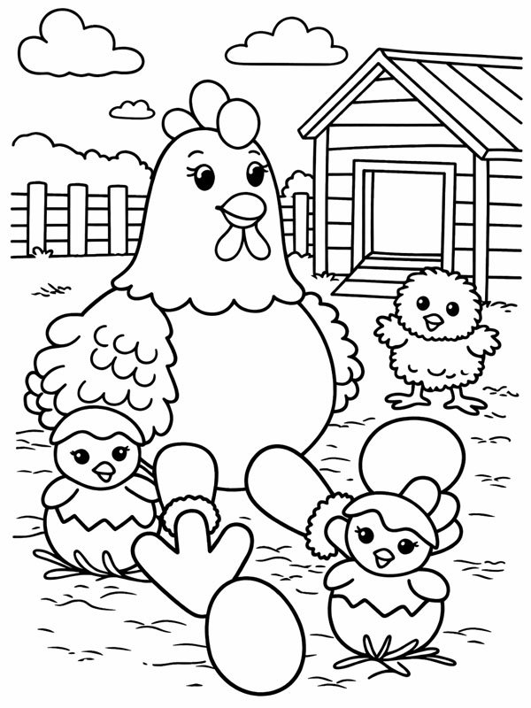 Cute chicken with chicks Coloring page Cute chicken with chicks Coloring page