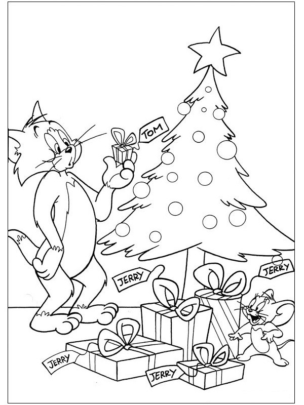 Tom and Jerry at the Christmas tree Coloring page