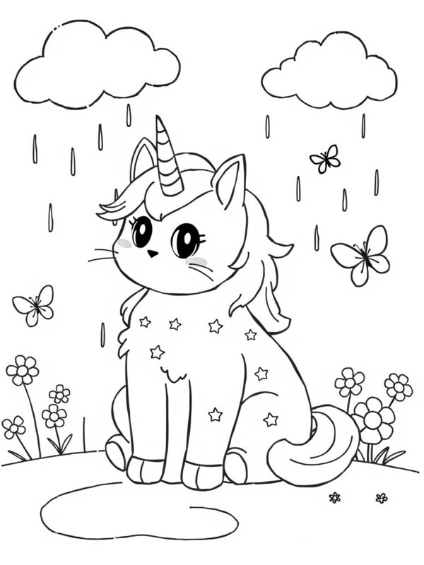 Unicorn cat in the rain Coloring page Unicorn cat in the rain Coloring page
