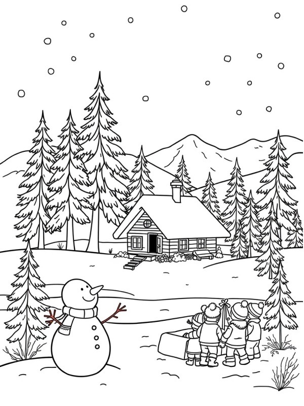 Winter landscape with snowman Coloring page Winter landscape with snowman Coloring page